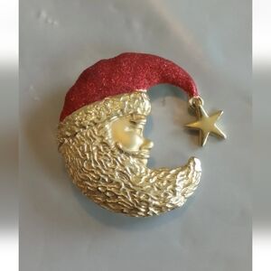 VTG Signed A.J.C. Crescent Moon Santa Enamel Christmas Brooch Pin Dangle Star
